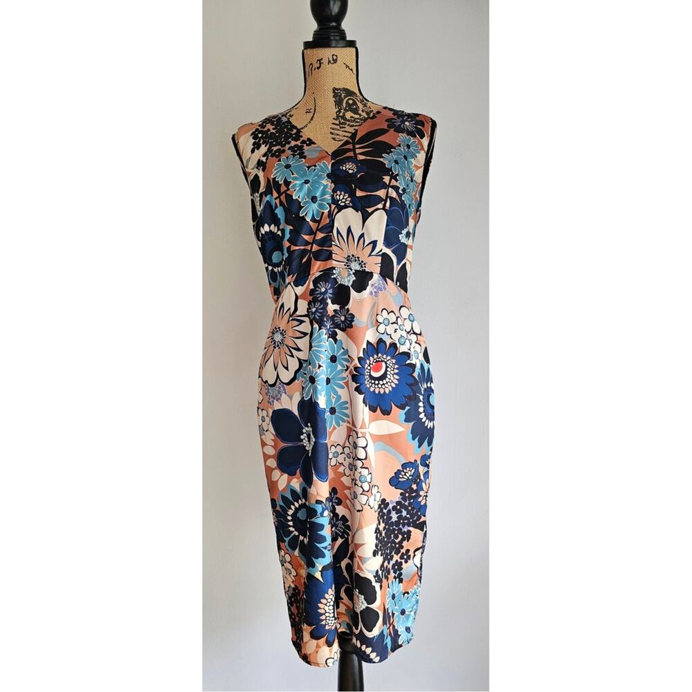 Molly Bracken Dress Floral Satin Split Shoulder Fitted Sexy Knee Length Sz S